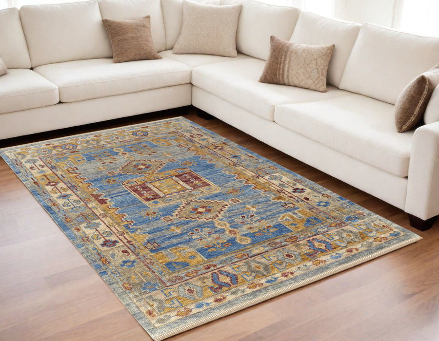 5' x 8' Wool Geometric Hand Knotted Area Rug With Fringe - Blue Red And Yellow