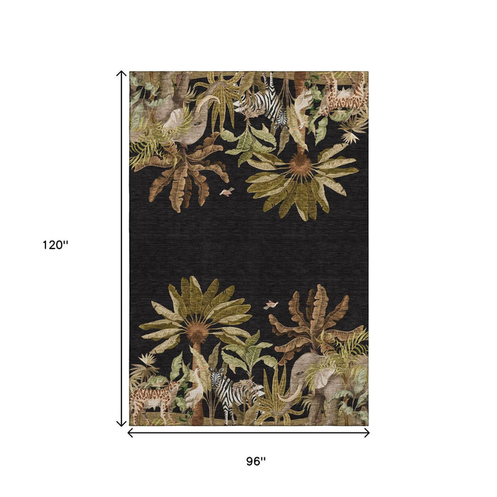 8' X 10' Tropical Botanical Distressed Washable Area Rug With UV Protection (646353) - Midnight / Brown / Olive Green