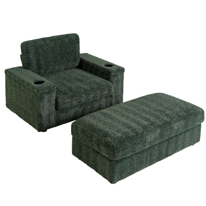 Giga oversized stationary chaise lounge with rabbit fur upholstery, storage ottoman, armrests, cup holders, and deep seating.