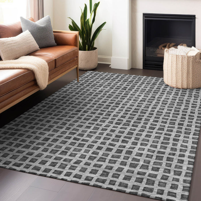 10' X 14' Geometric Washable Area Rug With UV Protection - Graphite / Silver