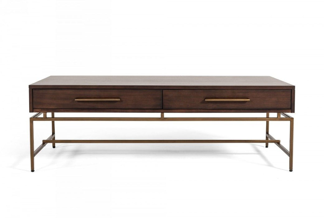 Mid Century Modern Acacia Coffee Table - Brown Antiqued Brass