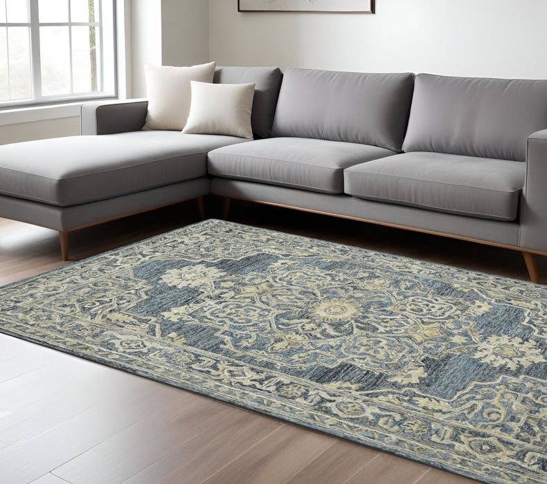 8' X 10' Wool Oriental Hand Tufted Area Rug - Denim Blue And Ivory