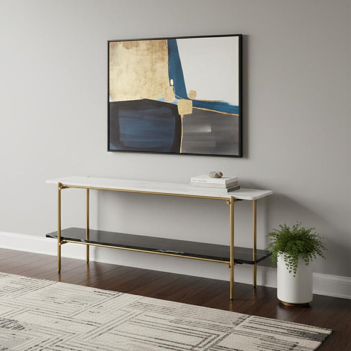Genuine Marble And Stone Console Table With Shelf - White / Gold