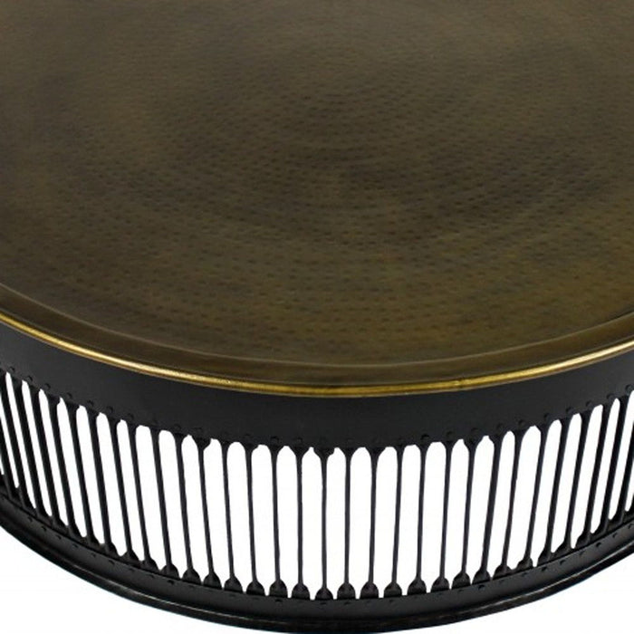 Round Drum Shaped Brass Coffee Table - Black