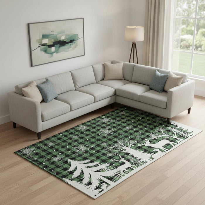 10' X 14' Gingham Washable Area Rug With UV Protection (702311) - Green / Black / Ivory