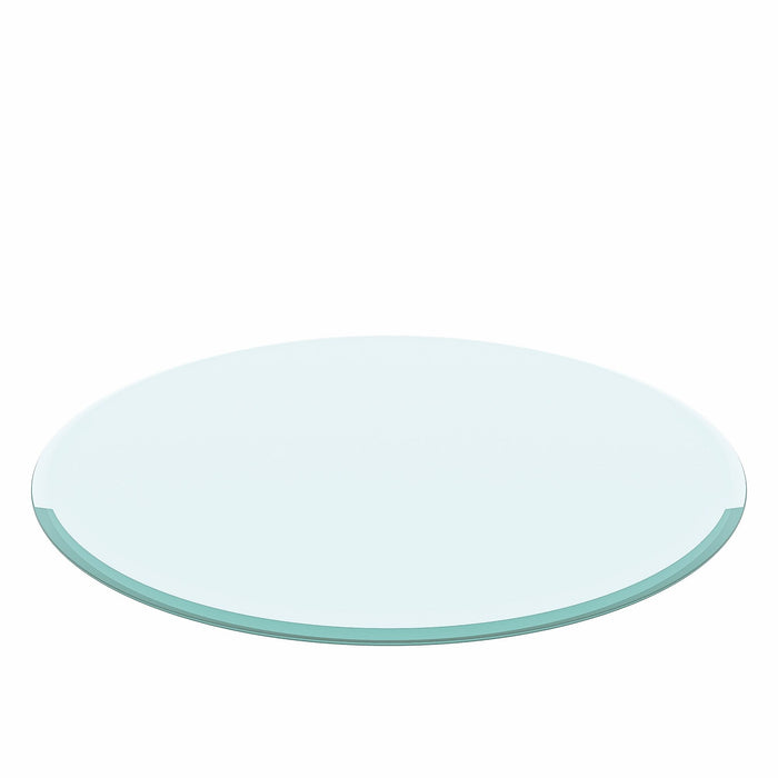 Giga 30-inch round tempered glass table top with clear, beveled edge and 2/5 inch thickness, transparent and polished for a sleek look.