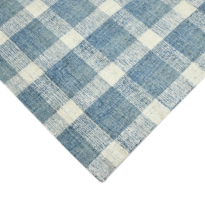 9' X 13' Wool Plaid Hand Tufted Area Rug - Blue And Ivory