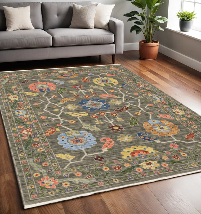 5' x 8' Oriental Power Loom Stain Resistant Area Rug With Fringe - Gray Blue Pink Orange Rust Red Green And Ivory