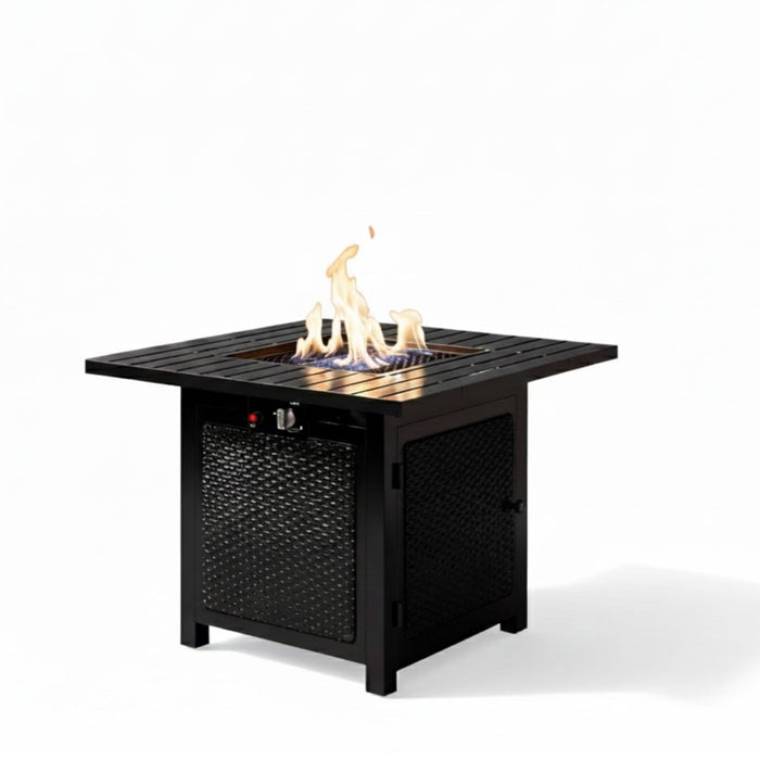 Giga outdoor 2-in-1 propane fire pit table with dual burners, lava rocks, waterproof cover, black finish, and spacious design