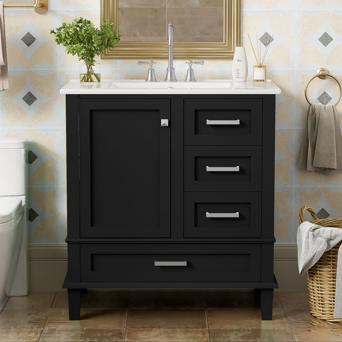 Modern Giga bathroom vanity with sink, solid wood frame, soft-closing door, and three drawers for stylish bathroom storage.