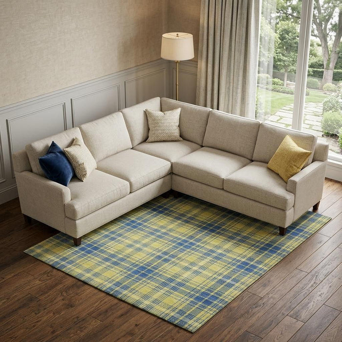 10' X 14' Plaid Washable Area Rug With UV Protection (678269) - Yellow / Ivory / Blue