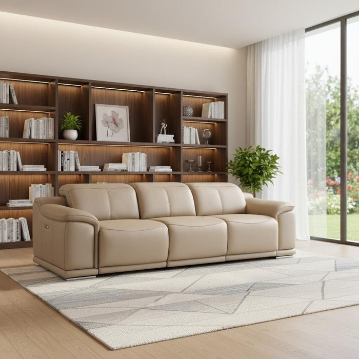 Leather Reclining Stainless Steel USB Sofa - Beige