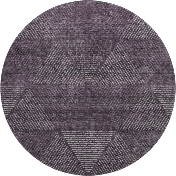8' Geometric Washable Round Rug With UV Protection - Eggplant And Gray