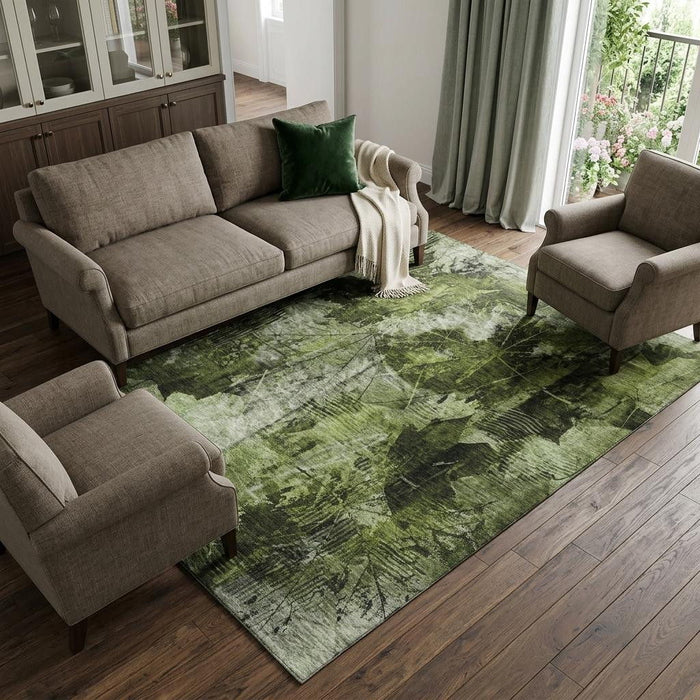 9' X 12' Floral Washable Area Rug With UV Protection (649071) - Green / Ivory