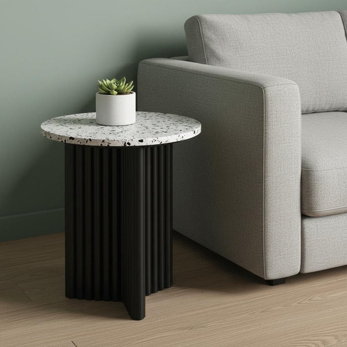 23" Faux Terrazzo And Wood Round Pedestal End Table - Black And White