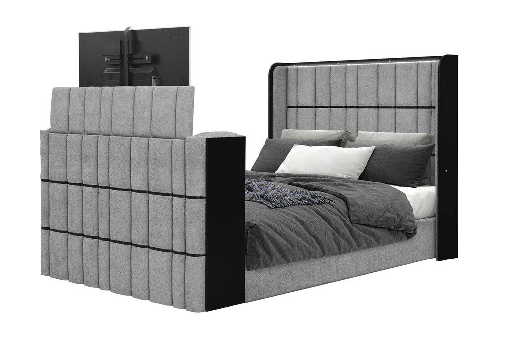 Isabella - Queen Upholstered Bed With LED, TV Lift, Bluetooth Speaker And Firpeplace Crystal - Gray