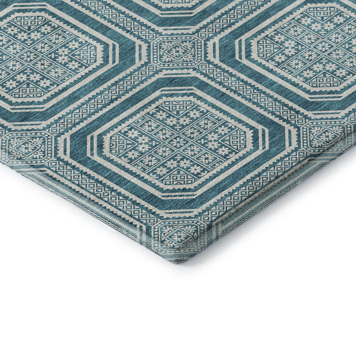 10' X 14' Geometric Washable Area Rug With UV Protection (693840) - Teal / Ivory