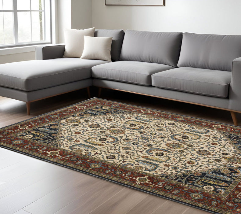 7.9' x 11.2' Oriental Power Loom Area Rug With Fringe - Beige And Ivory