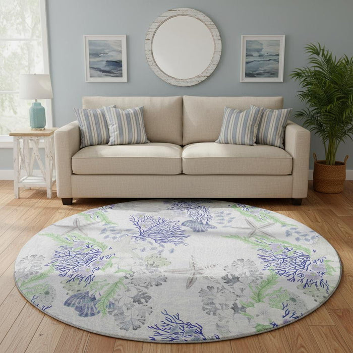 8' Geometric Washable Round Rug With UV Protection (645711) - Blue / Ivory / Lime Green
