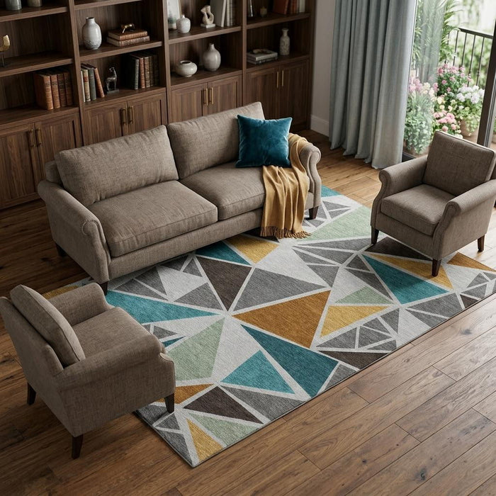 10' X 14' Geometric Washable Area Rug With UV Protection (681521) - Gray / Teal / Copper