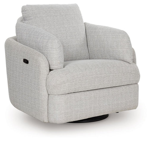 Signature Design by Ashley Alainmont Next-Gen Nuvella swivel power recliner in stone color, showing plush fabric and reclining features.
