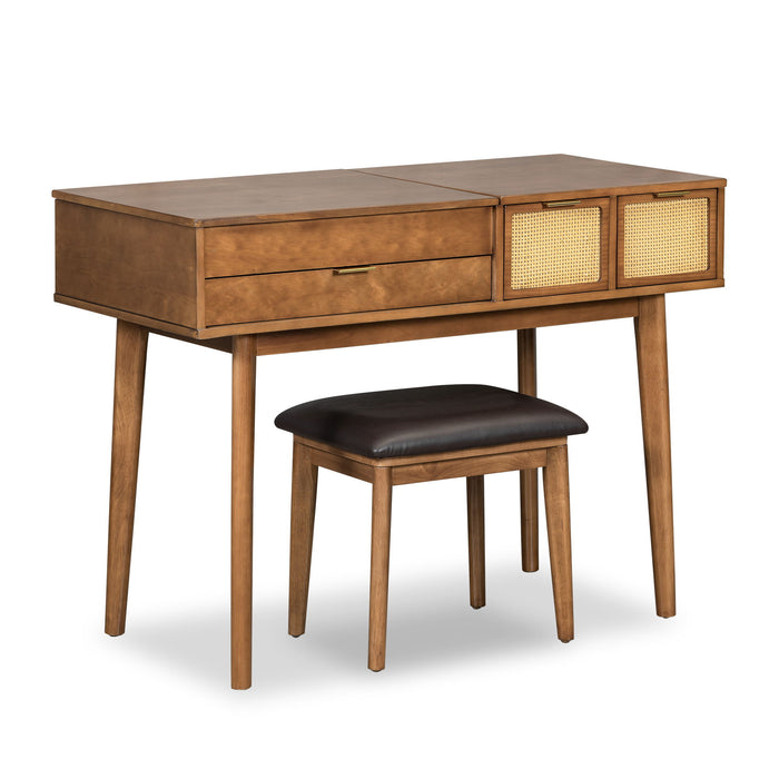 Giga classic wood makeup vanity set with flip-top mirror, three drawers, matching stool, and ample storage space.