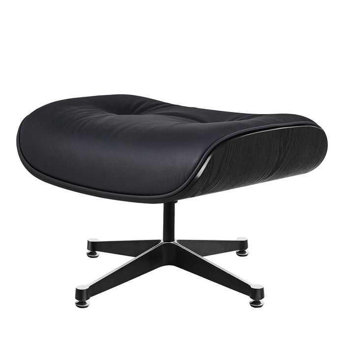 Black genuine leather tufted swivel lounge chair with matching ottoman, HomeRoots stationary chair and ottoman set.