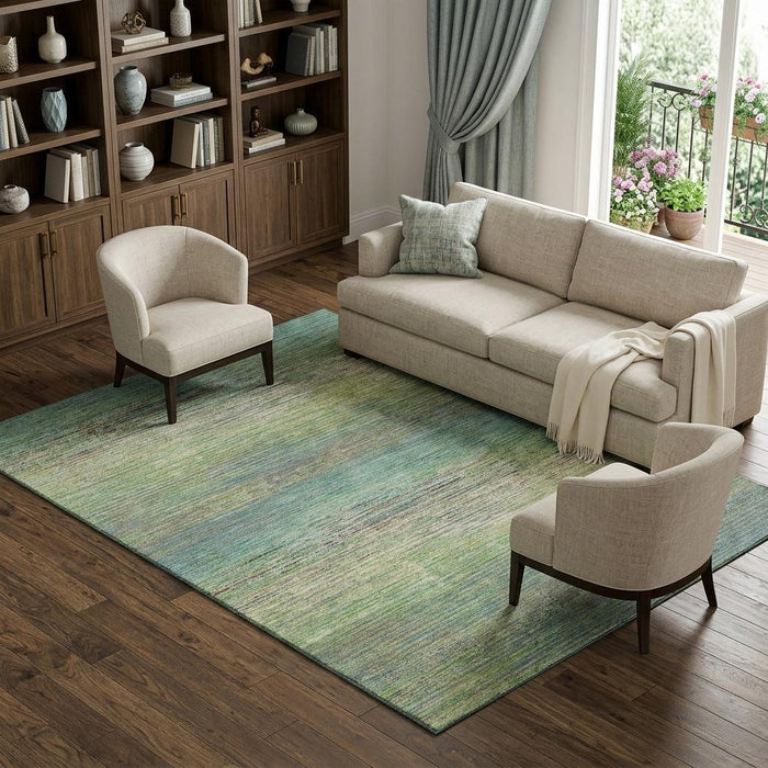 10' X 14' Striped Washable Area Rug With UV Protection (692607) - Artichoke Green / Blue / Copper