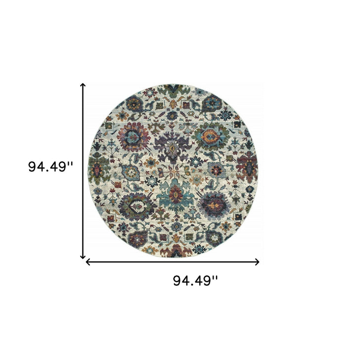8' Round Oriental Power Loom Area Rug - Purple And Gray