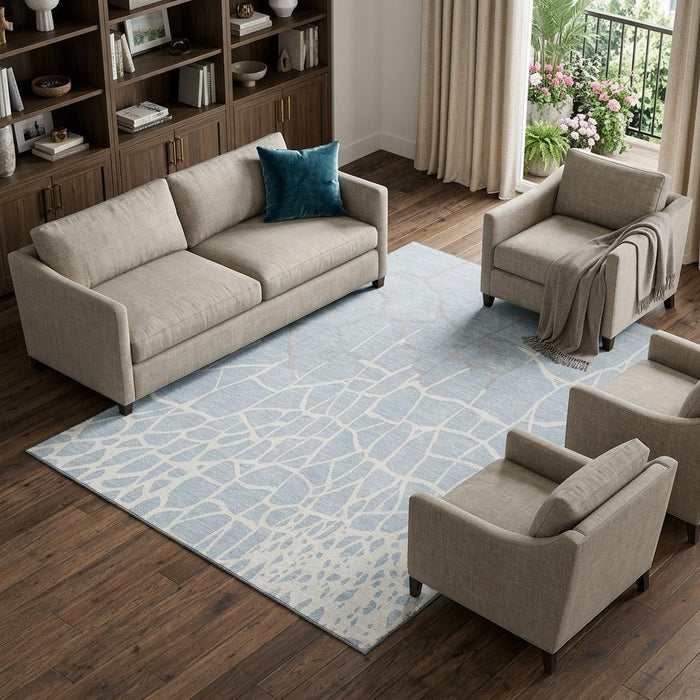 10' X 14' Abstract Geometric Washable Area Rug With UV Protection (682313) - Sky Blue / Ivory / Gray