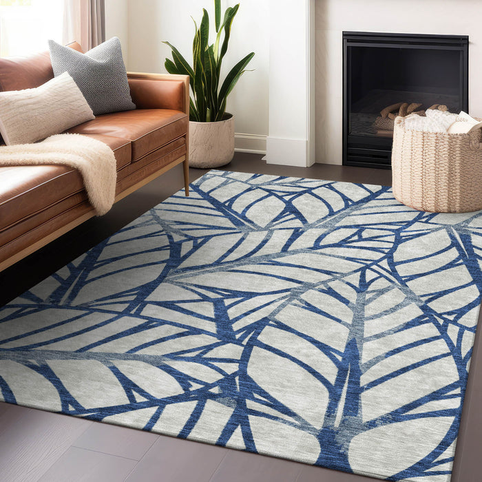 8' X 10' Floral Washable Area Rug With UV Protection - Navy Blue And Beige