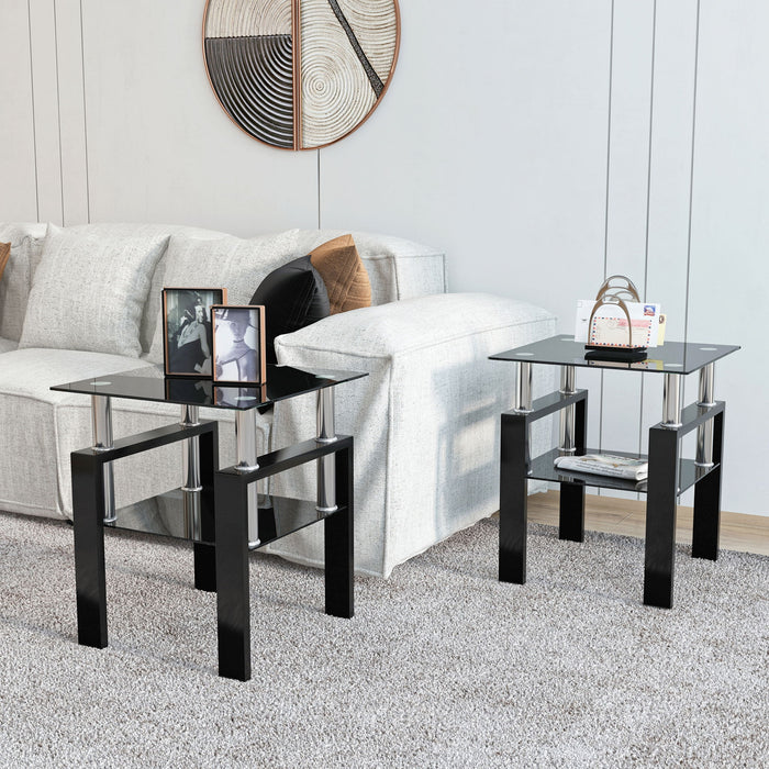 Set of two Giga modern black tempered glass end tables for living room, square design with sleek, contemporary style.