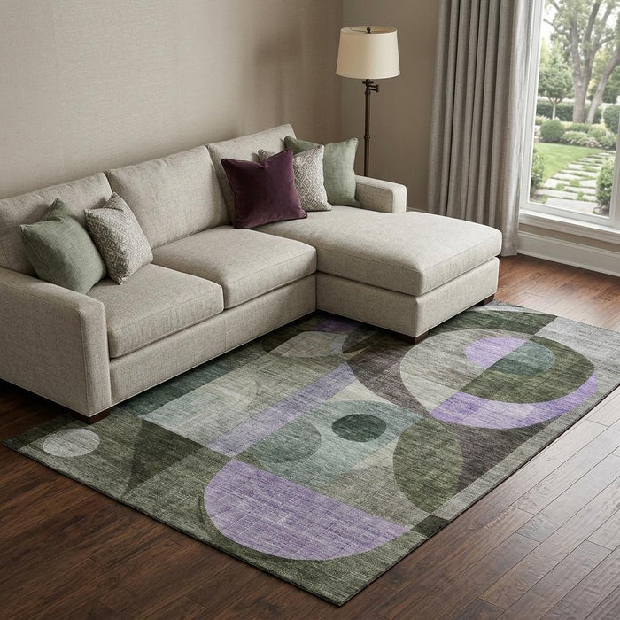 10' X 14' Geometric Washable Area Rug With UV Protection (684810) - Olive Green / Purple / Brown