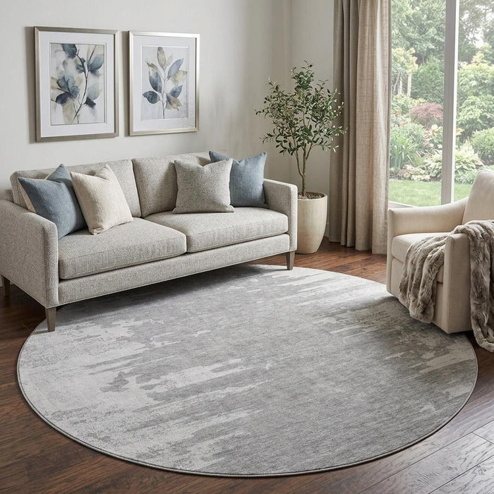 8' Abstract Washable Round Rug With UV Protection (656990) - Silver / Gray
