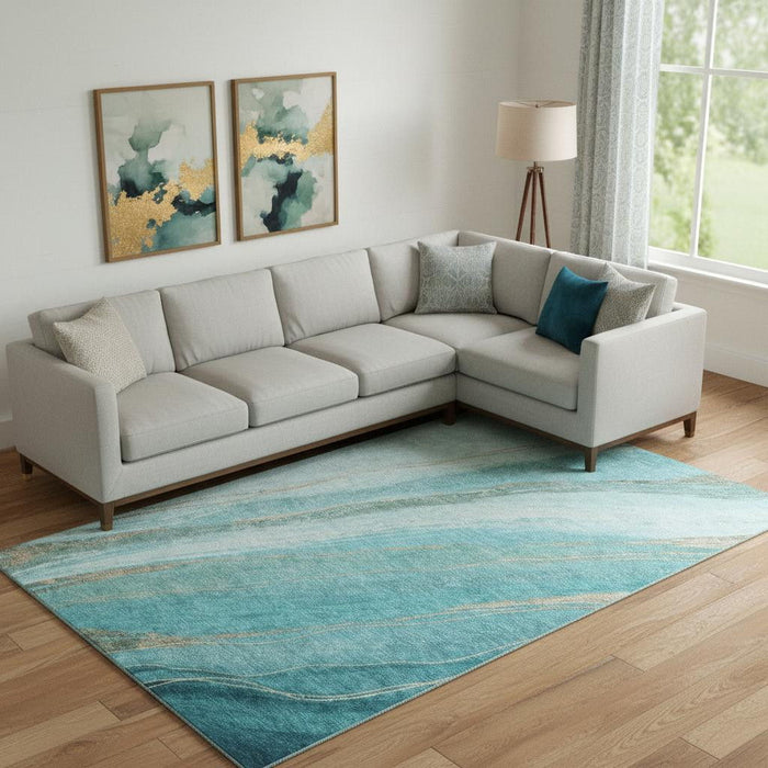 10' X 14' Abstract Washable Area Rug With UV Protection (715513) - Turquoise / Teal