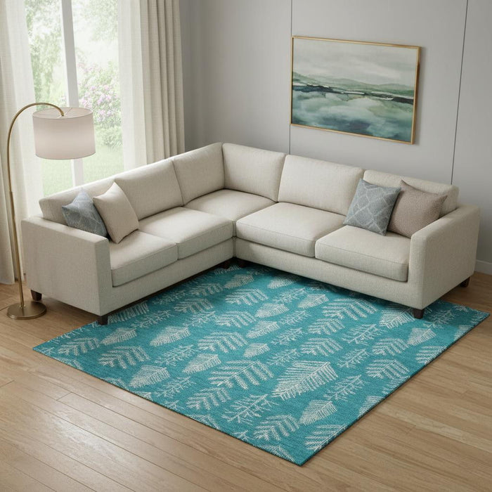 10' X 14' Floral Washable Area Rug With UV Protection (701780) - Teal / Ivory