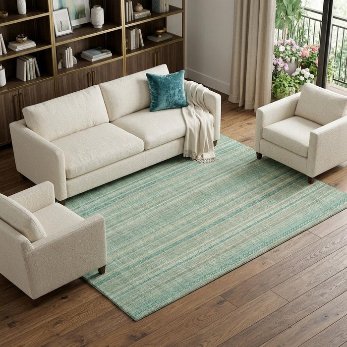 10' X 14' Striped Washable Area Rug With UV Protection (696242) - Aqua / Beige / Teal