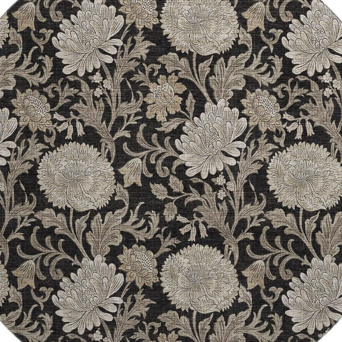 8' Floral Washable Round Rug With UV Protection (655773) - Black / Beige