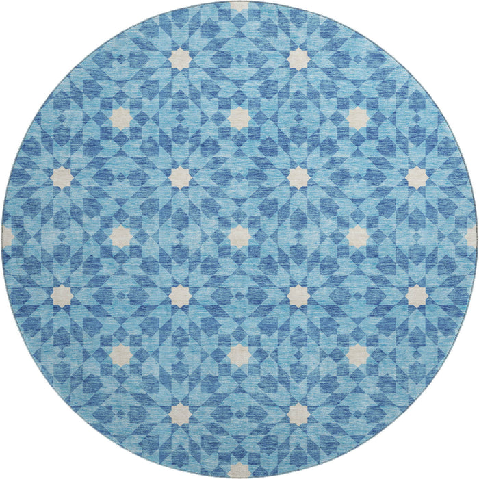 8' Geometric Washable Round Rug With UV Protection - Denim Blue / Ivory