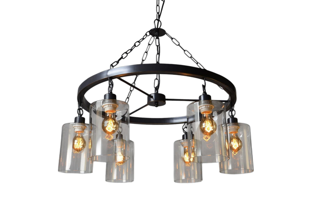 HomeRoots black metal chandelier with six shaded transparent glass shades, modern lighting fixture with a sleek design.