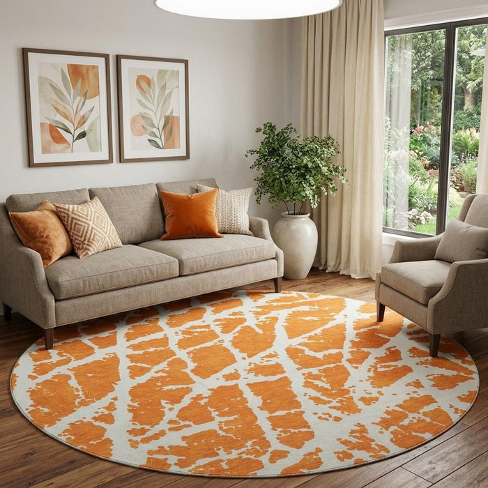 8' Abstract Washable Round Rug With UV Protection (646563) - Orange / Ivory