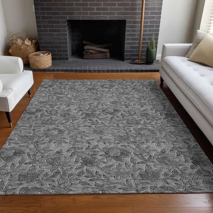 8' X 10' Floral Washable Area Rug With UV Protection - Gray And Charcoal
