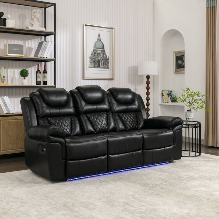 Giga home theater reclining sofa with manual recliner, center console, and LED light strip for living room comfort and style.