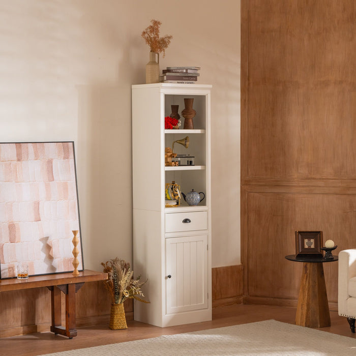 White retro-style 75-inch tall display shelf with cabinet, Giga accent cabinet for hallways, living rooms, and kitchens.