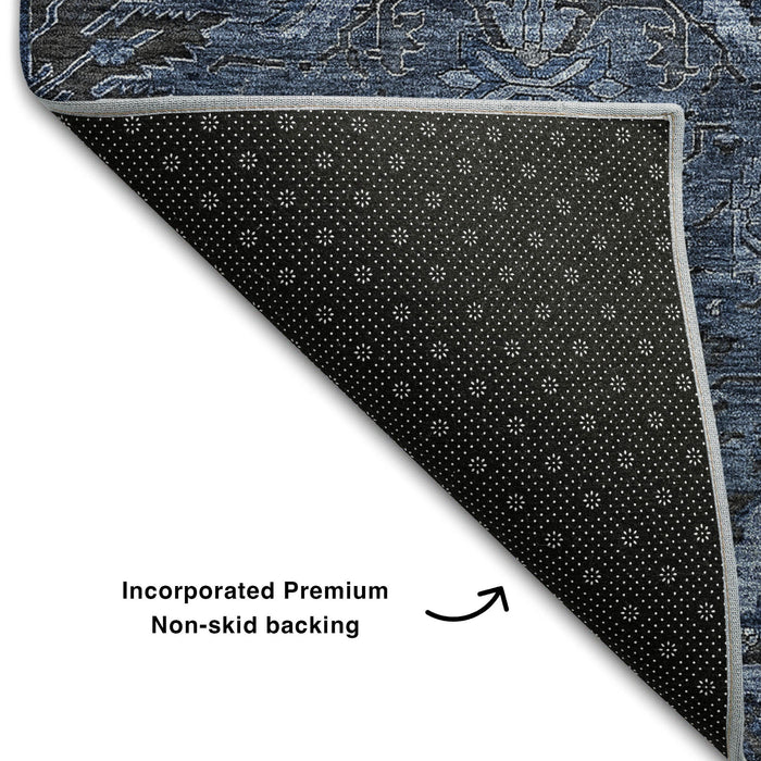 10' X 14' Damask Washable Area Rug With UV Protection (683884) - Navy Blue / Charcoal