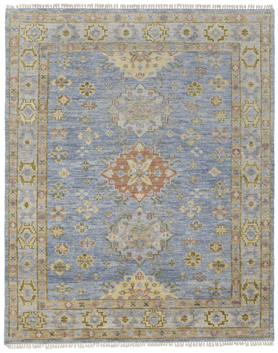 4' X 6' Geometric Hand Knotted Area Rug With Fringe - Blue