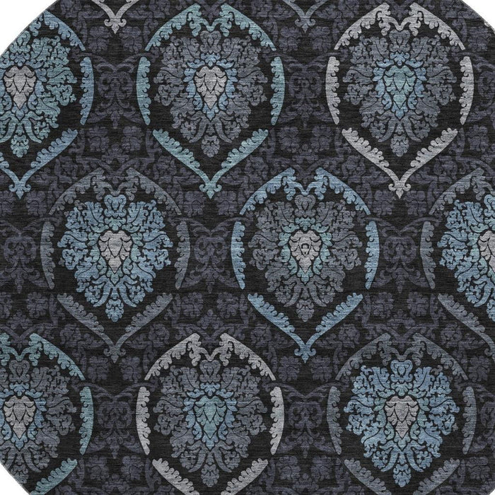8' Medallion Washable Round Rug With UV Protection - Blue And Charcoal