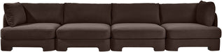 Meridian Furniture Hammond velvet performance fabric sectional sofa with four upholstered stationary sections, modern and comfortable design.