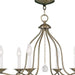26-inch six-light dimmable chandelier with shades in antiqued brass finish, featuring elegant design and decorative light fixtures.