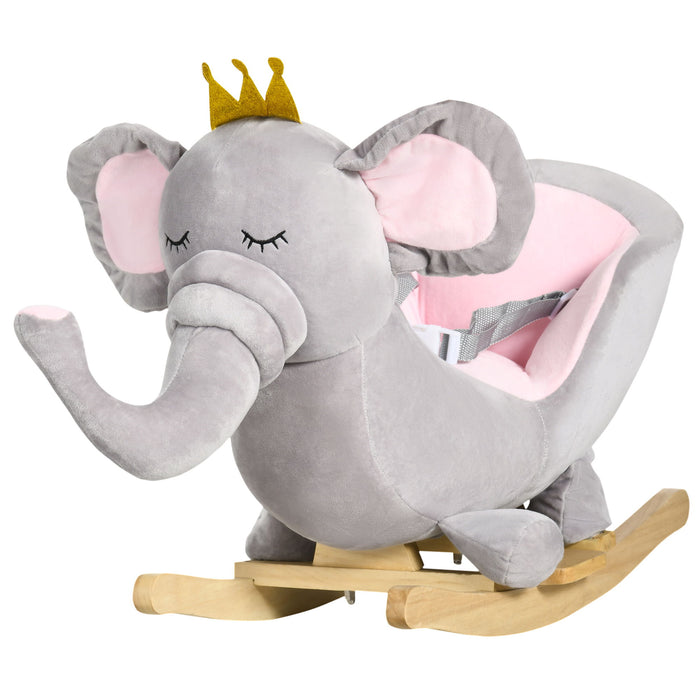 Gray Giga baby rocking horse elephant toddler rocker with wooden base, safety belt, and sound features for ages 1.5 to 3 years.
